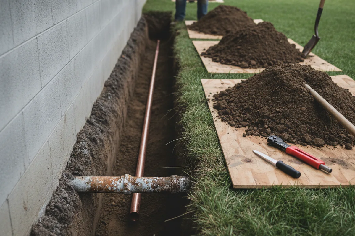Excavated water line trench during Sewer Line Repair in Gunter